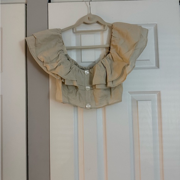 Zara Cropped Ruffle Linen Blend Top - Picture 2 of 4